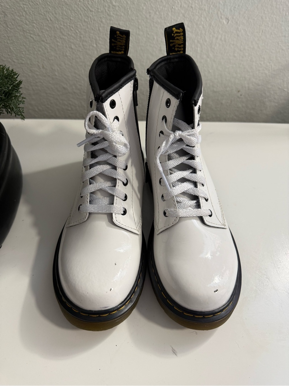Dr. Martens airwair Zavala White Patent Lace-Up Boots with Black Trim - Picture 2 of 5